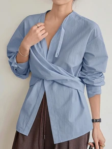Dazy-Less Autumn/Winter Blue Turn-Down Collar Button Long Sleeve Loose Casual Commute Versatile Elegant Women's Blouse - Blue - View 5