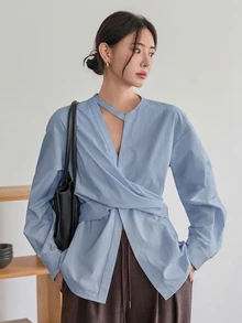 Dazy-Less Autumn/Winter Blue Turn-Down Collar Button Long Sleeve Loose Casual Commute Versatile Elegant Women's Blouse - Blue - View 3