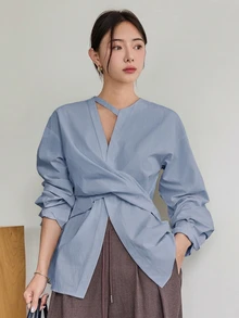 Dazy-Less Autumn/Winter Blue Turn-Down Collar Button Long Sleeve Loose Casual Commute Versatile Elegant Women's Blouse - Blue - View 1