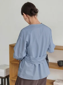 Dazy-Less Autumn/Winter Blue Turn-Down Collar Button Long Sleeve Loose Casual Commute Versatile Elegant Women's Blouse - Blue - View 2