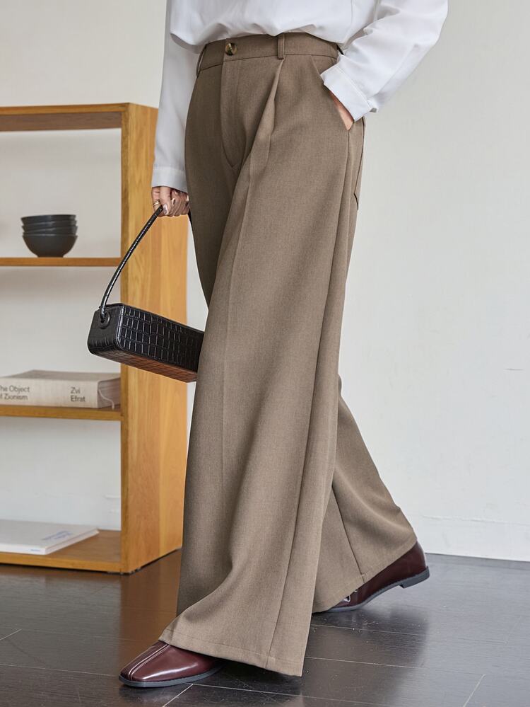 Dazy-Less Women's Solid Color Casual Versatile Daily Wear Wide Leg Long Pants Fall Business Casual Woman - Brown - View 4