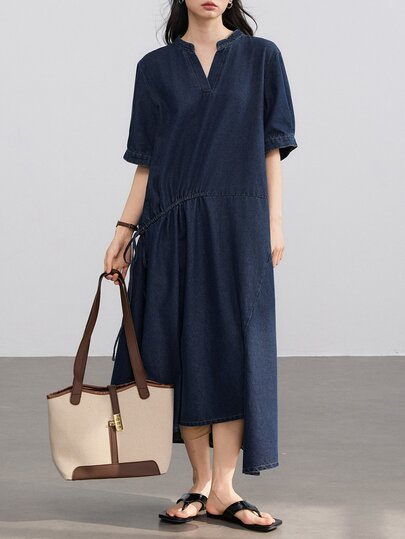 Dazy-Less Gaun Denim Wanita Katun Berkerah Lengan Panjang Kancing Depan Warna Biru Tua dengan Detail Ikat Pinggang di Bagian Depan, Rok Penuh, Cocok untuk Musim Gugur, Bisnis, dan Kasual.