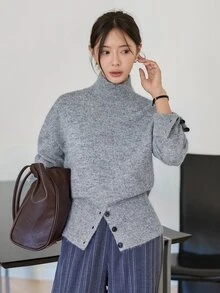 Dazy-Less Women's Solid Color Wool Turtleneck Long Sleeve Casual Versatile Sweater, Business Casual Autumn Style - Grey - View 7