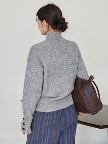 Dazy-Less Women's Solid Color Wool Turtleneck Long Sleeve Casual Versatile Sweater, Business Casual Autumn Style - Grey - View 2