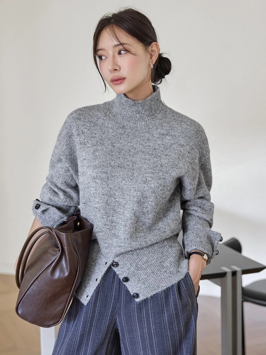 Dazy-Less Women's Solid Color Wool Turtleneck Long Sleeve Casual Versatile Sweater, Business Casual Autumn Style - Grey - View 1