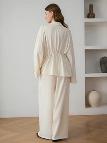 Dazy-Less Women's 2pcs Set: Loose Long Sleeve Button-Up Shirt With Cinched Waist Wide Leg Pants Solid Cream White Summer Autumn Lounge Sets Brunch Office - Apricot - View 2