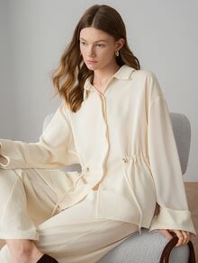 Dazy-Less Women's 2pcs Set: Loose Long Sleeve Button-Up Shirt With Cinched Waist Wide Leg Pants Solid Cream White Summer Autumn Lounge Sets Brunch Office - Apricot - View 7
