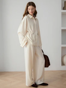 Dazy-Less Women's 2pcs Set: Loose Long Sleeve Button-Up Shirt With Cinched Waist Wide Leg Pants Solid Cream White Summer Autumn Lounge Sets Brunch Office - Apricot - View 4