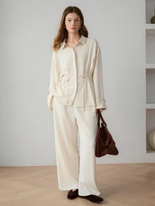 Dazy-Less Women's 2pcs Set: Loose Long Sleeve Button-Up Shirt With Cinched Waist Wide Leg Pants Solid Cream White Summer Autumn Lounge Sets Brunch Office - Apricot - View 3