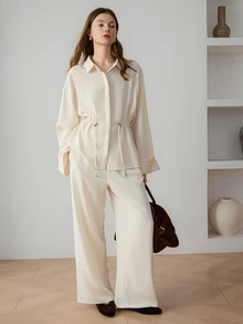 Dazy-Less Women's 2pcs Set: Loose Long Sleeve Button-Up Shirt With Cinched Waist Wide Leg Pants Solid Cream White Summer Autumn Lounge Sets Brunch Office - Apricot - View 1