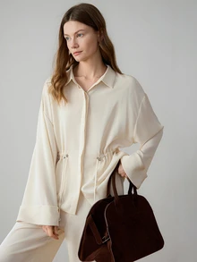 Dazy-Less Women's 2pcs Set: Loose Long Sleeve Button-Up Shirt With Cinched Waist Wide Leg Pants Solid Cream White Summer Autumn Lounge Sets Brunch Office - Apricot - View 6