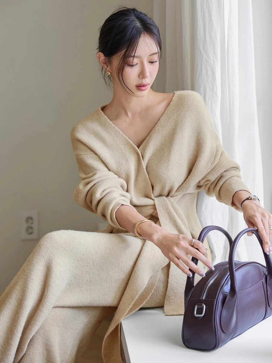 Dazy-Less Women's Autumn/Winter Elegant Solid Color Tie-Waist Sweater & Knit Pants 2 Pieces Set - Beige - View 1