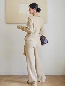Dazy-Less Women's Autumn/Winter Elegant Solid Color Tie-Waist Sweater & Knit Pants 2 Pieces Set - Beige - View 2