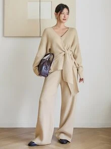 Dazy-Less Women's Autumn/Winter Elegant Solid Color Tie-Waist Sweater & Knit Pants 2 Pieces Set - Beige - View 3