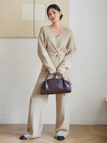 Dazy-Less Women's Autumn/Winter Elegant Solid Color Tie-Waist Sweater & Knit Pants 2 Pieces Set - Beige - View 5
