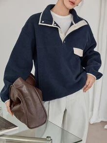 Dazy-Less Women's Colorblock Drop Shoulder Long Sleeve Button Half-Placket Casual Sweatshirt Business Casual Woman Fall - Navy Blue - View 6