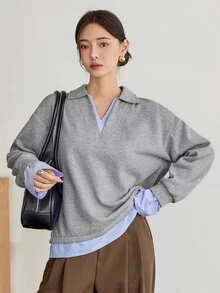 Dazy-Less Women's Versatile Korean Style Grey Patchwork 2 In 1 Sweatshirt Fall Business Casual Office Brunch - Grey - View 4