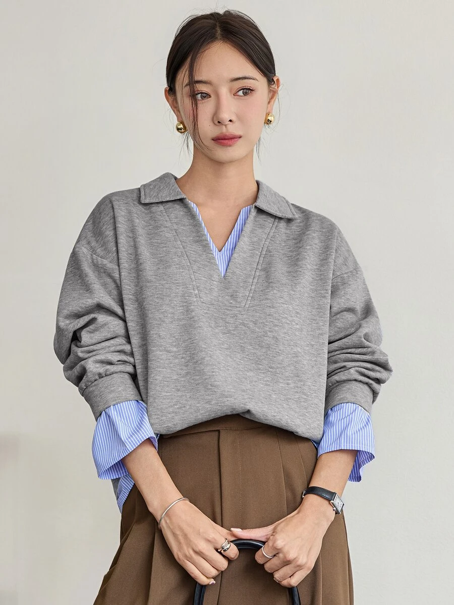 Dazy-Less Women's Versatile Korean Style Grey Patchwork 2 In 1 Sweatshirt Fall Business Casual Office Brunch - Grey - View 1