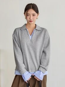 Dazy-Less Women's Versatile Korean Style Grey Patchwork 2 In 1 Sweatshirt Fall Business Casual Office Brunch - Grey - View 3