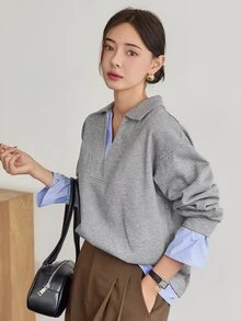 Dazy-Less Women's Versatile Korean Style Grey Patchwork 2 In 1 Sweatshirt Fall Business Casual Office Brunch - Grey - View 6
