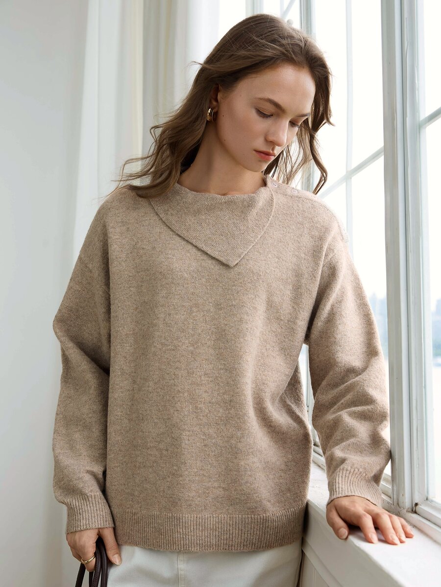 Dazy-Less Women's Solid Color Casual Minimalist Versatile Daily Long Sleeve Sweater Everyday Home Khaki Autumn - Apricot - View 1