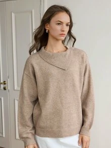 Dazy-Less Women's Solid Color Casual Minimalist Versatile Daily Long Sleeve Sweater Everyday Home Khaki Autumn - Apricot - View 4