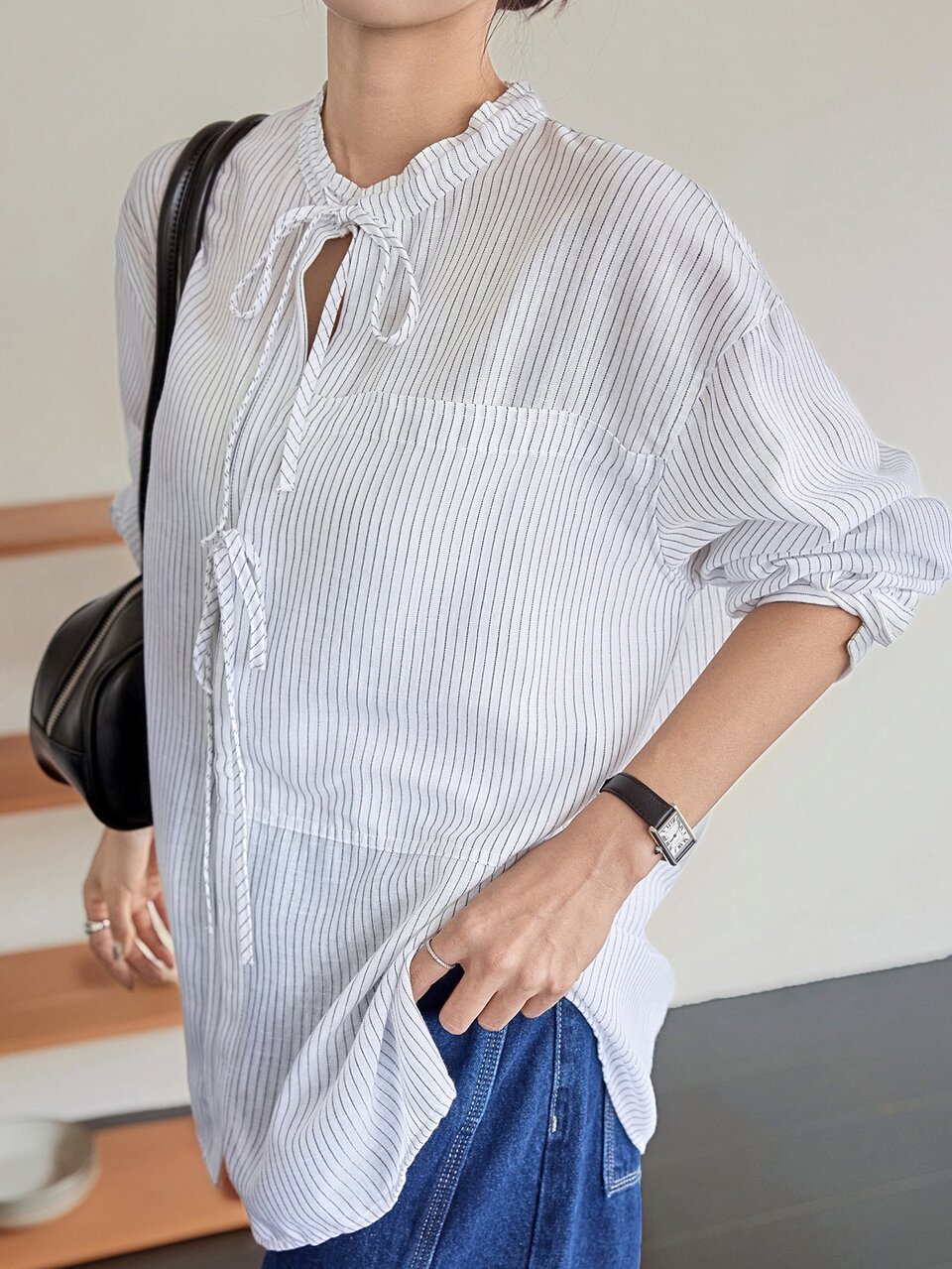 Women's Loose Casual French Blue And White Striped Vertical Button-Down Long Sleeve Shirt With Collar Autumn Office Brunch