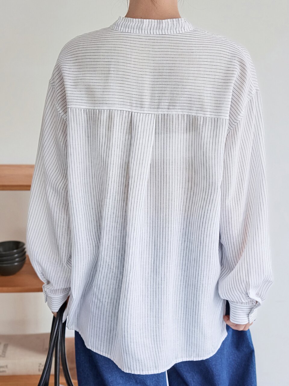 Women's Loose Casual French Blue And White Striped Vertical Button-Down Long Sleeve Shirt With Collar Autumn Office Brunch