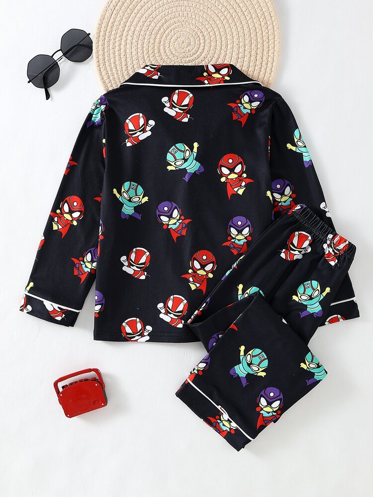 Young Boy Minimalist Fashion Casual Daily Comfortable Soft Skin-Friendly Multi-Color Cartoon Print Knit Fabric Open Front Long Sleeve Top And Loose Long Pants Pajama Set, 2 Pieces Loungewear - Black - View 2