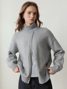 Dazy-Less Sweater Rajut Longgar Bergaris Lengan Panjang Leher Bulat Warna Abu-abu Polos untuk Wanita, Kasual, dan Cocok untuk Bisnis dan Kasual. - Grey - View 6