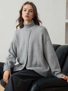Dazy-Less Sweater Rajut Longgar Bergaris Lengan Panjang Leher Bulat Warna Abu-abu Polos untuk Wanita, Kasual, dan Cocok untuk Bisnis dan Kasual. - Grey - View 3