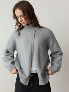 Dazy-Less Sweater Rajut Longgar Bergaris Lengan Panjang Leher Bulat Warna Abu-abu Polos untuk Wanita, Kasual, dan Cocok untuk Bisnis dan Kasual. - Grey - View 5