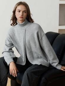 Dazy-Less Sweater Rajut Longgar Bergaris Lengan Panjang Leher Bulat Warna Abu-abu Polos untuk Wanita, Kasual, dan Cocok untuk Bisnis dan Kasual. - Grey - View 1