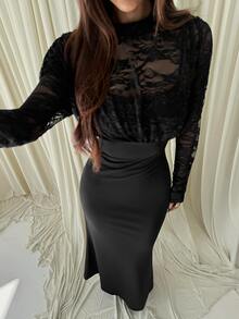Aloruh Women's Autumn/Winter Lace Patchwork Dress - Black - View 6