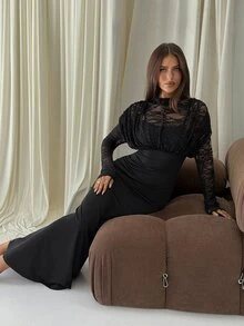 Aloruh Women's Autumn/Winter Lace Patchwork Dress - Black - View 7