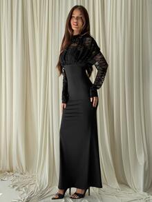 Aloruh Women's Autumn/Winter Lace Patchwork Dress - Black - View 5