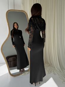 Aloruh Women's Autumn/Winter Lace Patchwork Dress - Black - View 3