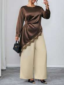 Chikora Plus Size Lace Patchwork Long Sleeve Asymmetrical Hem Shirt Fall Clothes For Women - Brown - View 8