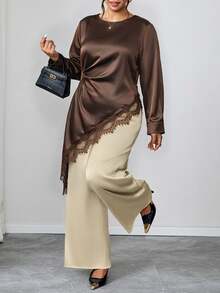 Chikora Plus Size Lace Patchwork Long Sleeve Asymmetrical Hem Shirt Fall Clothes For Women - Brown - View 7