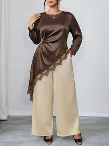 Chikora Plus Size Lace Patchwork Long Sleeve Asymmetrical Hem Shirt Fall Clothes For Women - Brown - View 3