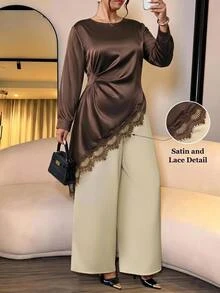 Chikora Plus Size Lace Patchwork Long Sleeve Asymmetrical Hem Shirt Fall Clothes For Women - Brown - View 1