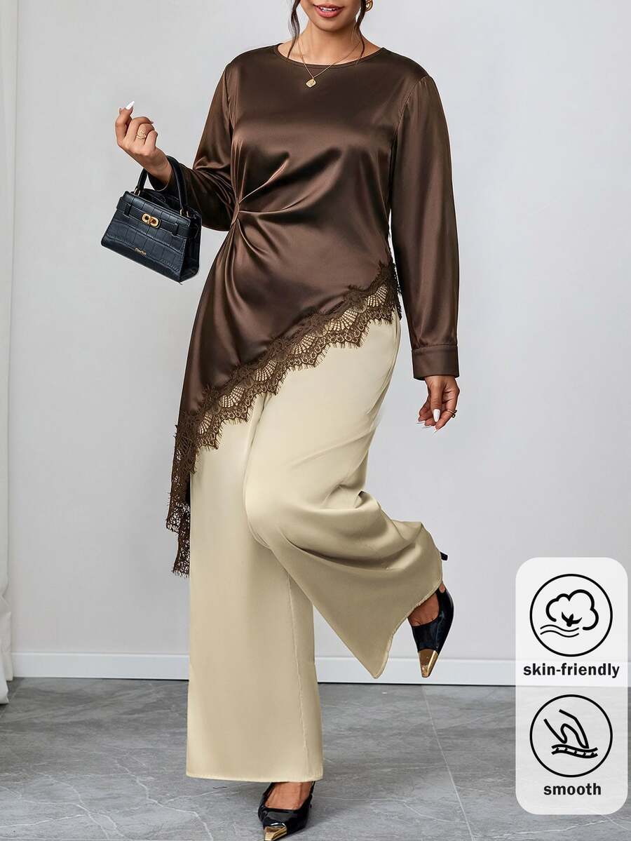 Chikora Plus Size Lace Patchwork Long Sleeve Asymmetrical Hem Shirt Autumn Clothes For Women Formal Office Brown Elegant - Brown - View 1