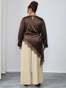 Chikora Plus Size Lace Patchwork Long Sleeve Asymmetrical Hem Shirt Fall Clothes For Women - Brown - View 2