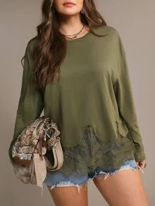 Freevana Plus Size Women Casual Fashion Versatile Lace Patchwork Hem Long Sleeve T-Shirt - Army Green - View 8