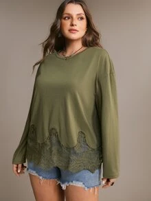 Freevana Plus Size Women Casual Fashion Versatile Lace Patchwork Hem Long Sleeve T-Shirt - Army Green - View 4