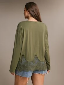 Freevana Plus Size Women Casual Fashion Versatile Lace Patchwork Hem Long Sleeve T-Shirt - Army Green - View 2