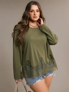 Freevana Plus Size Women Casual Fashion Versatile Lace Patchwork Hem Long Sleeve T-Shirt - Army Green - View 6