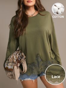 Freevana Plus Size Women Casual Fashion Versatile Lace Patchwork Hem Long Sleeve T-Shirt - Army Green - View 1