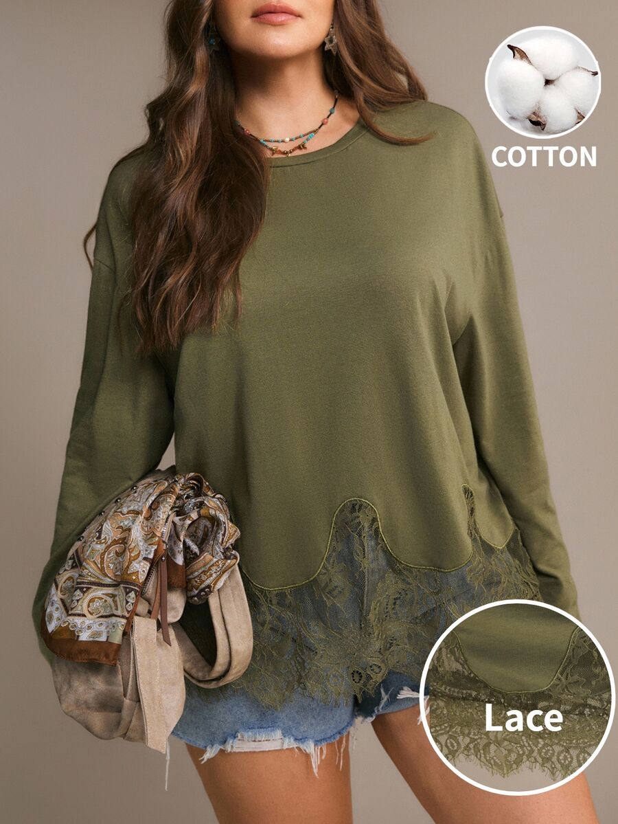 Freevana Plus Size Women Casual Fashion Versatile Lace Patchwork Hem Long Sleeve T-Shirt - Army Green - View 1