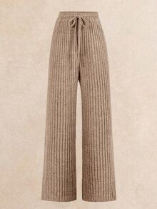 Poéselle 2pcs Rib Bodysuit & Pants Set, Comfy Loungewear Workout Tracksuit, Casual Style, Long Sleeve And Wide Leg Autumn Winter Basic Essential, Baggy Clothes - Camel - View 5